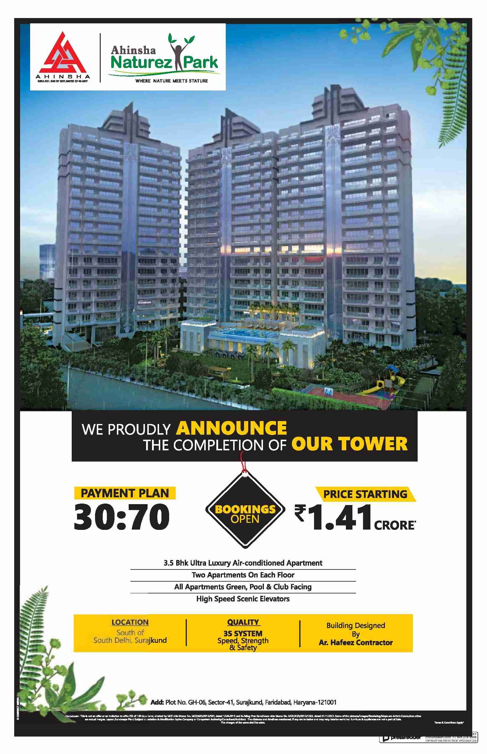 Book your home with 30:70 payment plan at Ahinsha Naturez Park in Faridabad Update